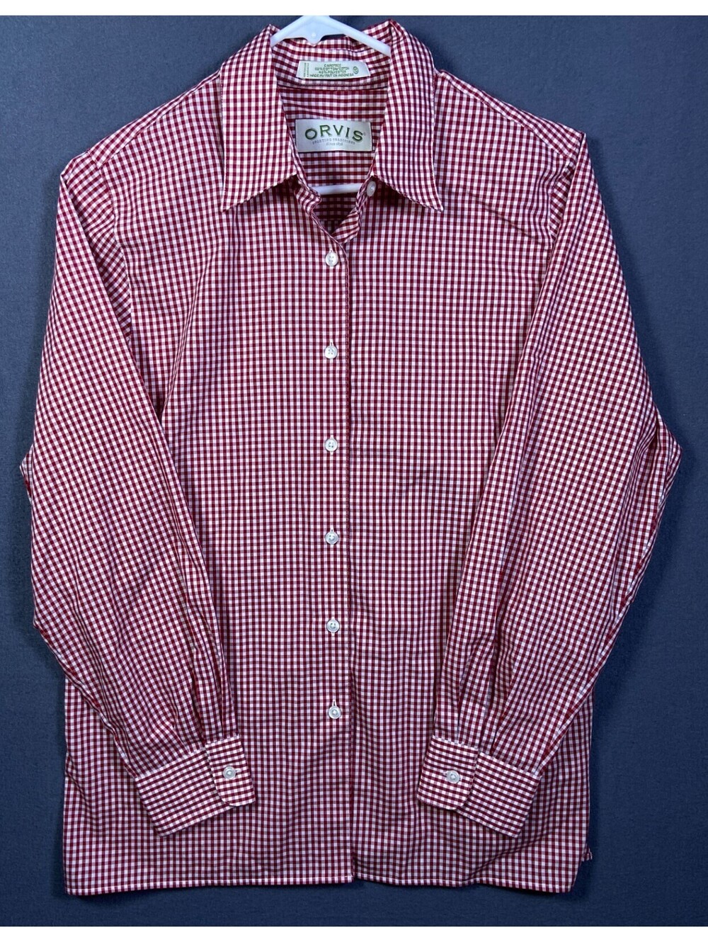 Orvis Red Gingham Check Carefree LS Button Up Size 10 M 21x27 Hiking Outdoors - Picture 2 of 7